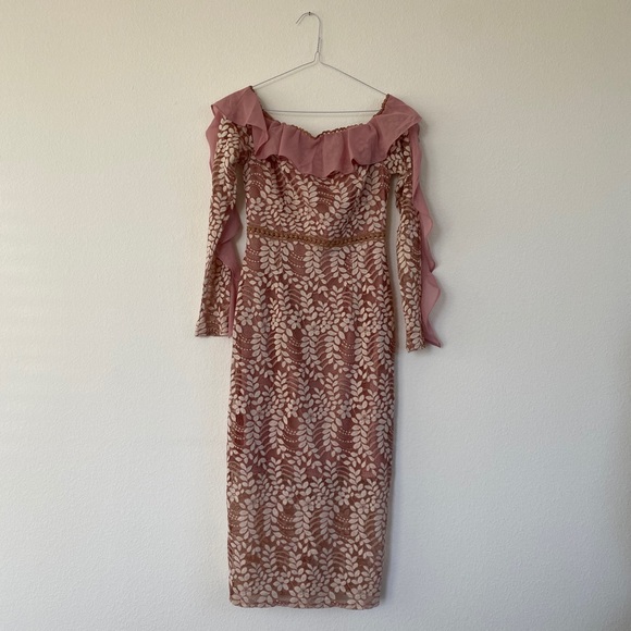 dusty pink bardot lace frill sleeve midi dress